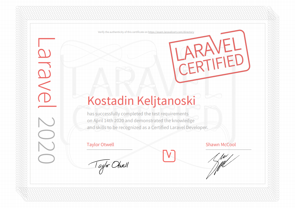 Certified Laravel Developer - Certificate for Kostadin Keljtanoski